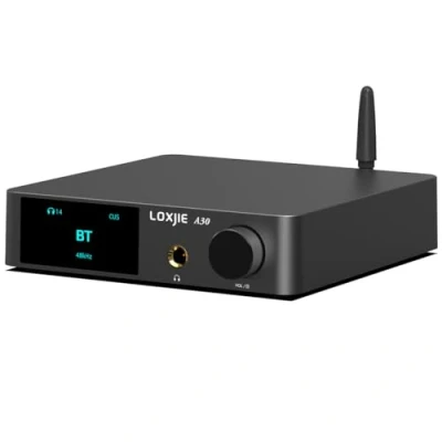 Obrázek LOXJIE A30 Desktop Stereo HiFi audio zesilovač sluchátek zesilovač, MA12070 Chip Class D Amp od Infineon, ES9023 DAC čip, USB/optický/koaxiální/RCA/Bluetooth 5.0 vstup (s dálkovým ovládáním)