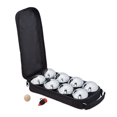 Obrázek Relaxdays Lot de Pétanque Métalliques Boule, 8 kovových koulí, sada s cílovou koulí a distančním nožem, taškou, hra Boccia, stříbrná/černá, Nyon