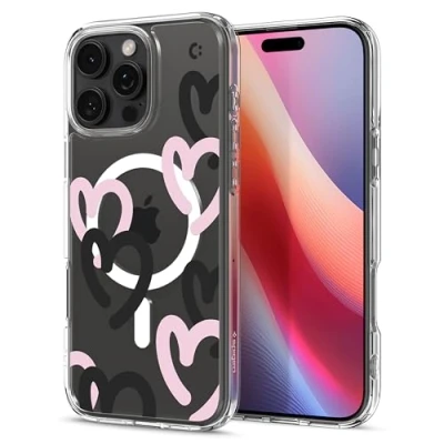 Obrázek Spigen Pro iPhone 16 Max pouzdro [Anti Yellowing] Ultra Hybrid MagFit Case obal na mobil průhledný tenký kompatibilní s MagSafe Hearts Black Pink