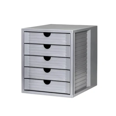 Obrázek HAN Zásuvkový box SYSTEMBOX KARMA min. 80 % recyklovaný plast s 5 uzavřenými zásuvkami, psací stůl nebo ve skříni, vč. výsuvného zámku + klipu na popisování, gumové nohy, 14508 18, světle šedá