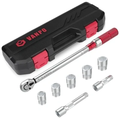 Obrázek VANPO Drehmomentschlüssel 1/2&quot;, 20 220 Nm Drehmoment Schlüssel 8 tlg. Set, ± 3% Fehlergenauigkeit mit 2 Verlängerung, 5 Stecknüsse 17mm, 19mm, 21mm, 23mm,24mm Reifenschlüssel für Auto, LKW, Motorrad