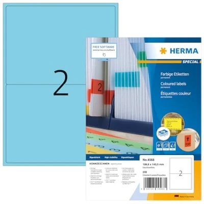 Obrázek HERMA 4568 barevné etikety modré, 100 listů, 199,6 x 143,5 mm, 2 na arch A4, 200 kusů, samolepicí, potisknutelné, matné, prázdné papírové nálepky