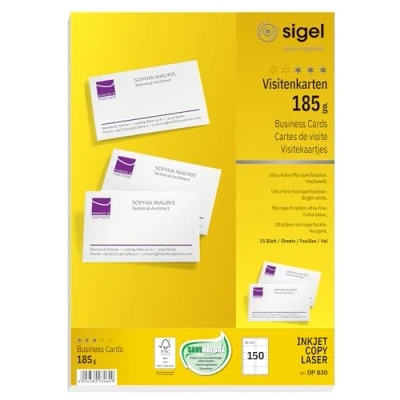 Obrázek SIGEL DP830 vizitky s možností potisku vysoce bílé, 150 kusů (15 listů), 185 g, 85 x 55 mm