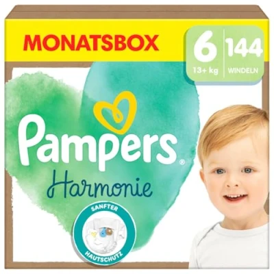 Obrázek Pampers Baby Windeln Größe 6 (13+kg) Harmonie, MONATSBOX, Sanfter Hautschutz Und Pflanzenbasierte Inhaltsstoffe, 144 Stück