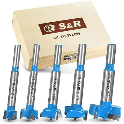 Obrázek S&amp;R Sada vrtáků do dřeva Forstner, 5dílná, 15, 20, 25, 30, 35 mm v dřevěné krabici, Forstner vrták s ultra ostrými karbidy wolframu, tvrdokovem, spolehlivé přesné vrtáky, bity pro