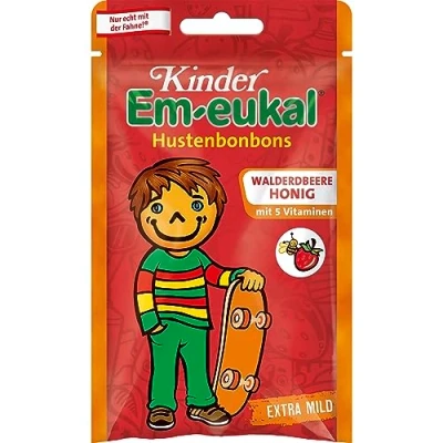 Obrázek Dětské bonbóny proti kašli Em eukal lesní jahodový med, s 5 vitamíny, obsahem cukru, 75 g