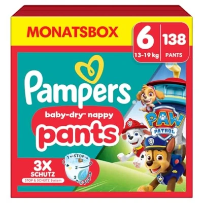 Obrázek Pampers Plenky Tlapková patrola Pants velikost 6 (14 19 kg) Baby Dry, Extra Large s taštičkou pro zastavení a ochranu, měsíční box, 138 plenek do kalhotek