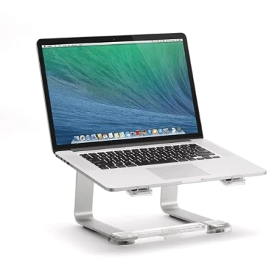 Obrázek Griffin Elevator hliníkový stojan pro Apple Macbooky a notebooky [stojan na notebook z kartáčovaného hliníku, ergonomická práce, protiskluzové gumové nohy] stříbrný / transparentní,