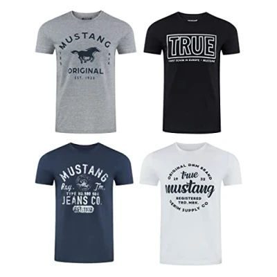 Obrázek MUSTANG tričko pánské bavlna Regular Fit sada 4 ks kulatý výstřih krátký rukáv letní potisk S logem černá bílá šedá modrá zelená M L XL XXL 3XL 4XL 5XL 6XL, Balení 11,