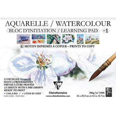 Obrázek Clairefontaine 96098C Aquarellblock (mit Vordruck, verleimt, 12 Blätter, 300 g, DIN A4, 21 x 29,7 cm, 100% Zellulose, geeignet für Anfänger) weiß