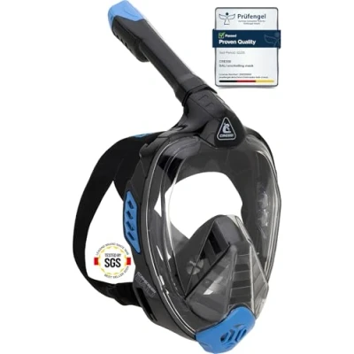 Obrázek CRESSI Bali Full Face Mask Black/Blue L/XL potápěčská maska celoobličejová ultra čirá polykarbonátová čočka, 100% silikon, šnorchlovací float ventil, držák fotoaparátu, černá/modrá, L/XL,