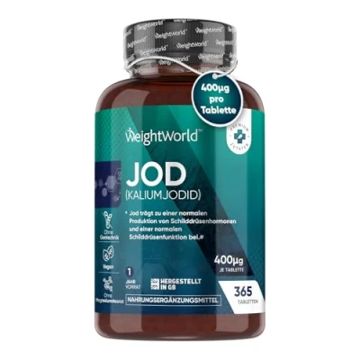 Obrázek Tablety jódu 400 µg v jedné tabletě podporuje funkci štítné žlázy, kůži a metabolismus 365 tablet jodidu draselného 1 roční zásoba alternativa ke kapkám Kelp Jodid Veganes Iodine
