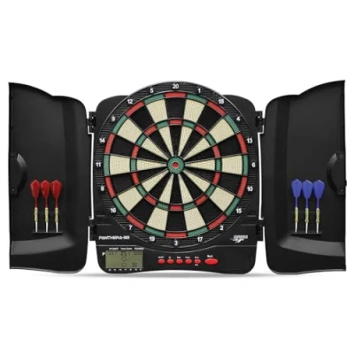 Obrázek Carromco Kabinett Dartscheibe elektronisch mit Türen, 4 Loch, Panthera 301, rot grün beige schwarz für 1 8 Spieler Pfeilen, batteriebetrieben, 32 Spiele/500 Variationen (inkl. Cricket)