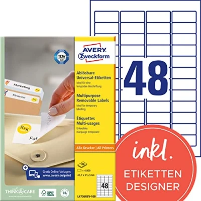 Obrázek AVERY Zweckform L4736REV 100 univerzální etikety (4. 800 samolepicích štítků, 45,7 x 21,2 mm na A4, lze opět beze zbytku odstranit/odstranitelné, individuálně potištěné, samolepicí nálepky) listů,