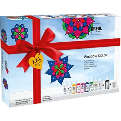 Obrázek KREUL 42849 Window Color XXL sada, pro malé i velké kreativy, 9 x 80 ml barvy na okna, konturovací barvy, speciální fólie, 150 ozdobných kamenů a předloh s květy mandalamotivy
