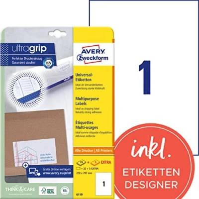 Obrázek AVERY Zweckform 6119 univerzální etikety (25 plus 5 lepicích etiket extra, 210 x 297 mm na A4, papír matný, potištěné přepravní štítky, samolepicí zásilkové nálepky s ultragrip) 30 listů, bílé