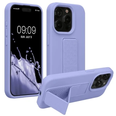 Obrázek kwmobile pouzdro na mobil kompatibilní s iPhone 15 Pro Max držákem prstů a funkcí stojánku silikonový obal v levandulové barvě