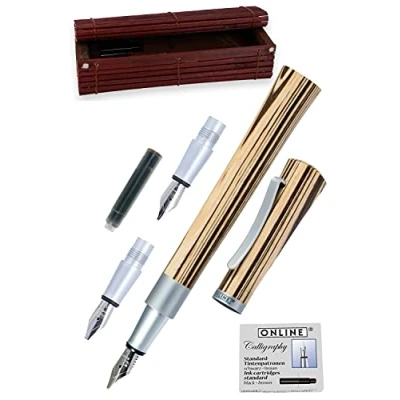 Obrázek ONLINE Kaligrafické plnicí pero Newood z Wawa dřeva hnědé I krásného psaní s tloušťkou pera 0,8 mm 1,4 1,8 v dárkové krabičce Bamboo, vč. 6 kusů standardních inkoustových
