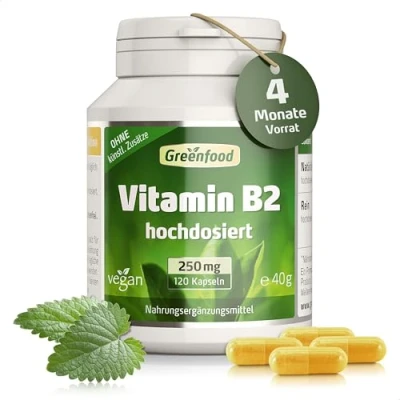 Obrázek Vitamín B2 (Riboflavin), 250 mg, vysoká dávka, 120 kapslí pro tvorbu energetických látek, pokožku, zrak a nervy. Bez umělých přísad. genetické techniky. Vegan.