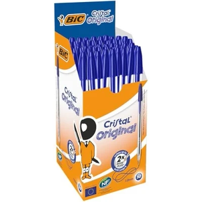 Obrázek BIC Sada kuličkových per Cristal Original, v modré, tloušťka linky 0,4 mm, balení po 50, ideální do kanceláře, domácí kanceláře nebo školy