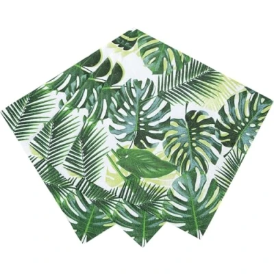 Obrázek Packung mit 20 tropischen Servietten Grüne Papierservietten Palmblatt Design Einweggeschirr für Kinderparty, Safariparty, Dschungel, Dinosaurier, Sommer, hawaiianisches Thema