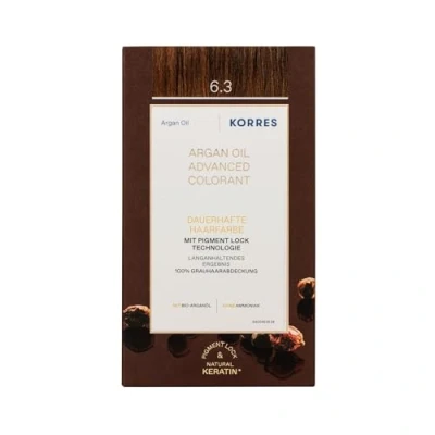 Obrázek KORRES Argan Oil Colorant barva na vlasy bez amoniaku tmavá blond zlatá 6. 3 100% zakrytí šedých vlasů a veganská pro dlouhotrvající barevný výsledek