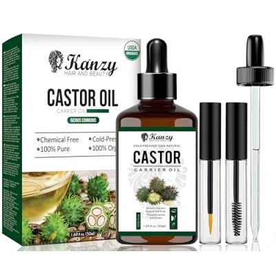Obrázek Kanzy ricinový olej bio lisovaný za studena, 100% čistý, organický castor pro růst vlasů, přírodní na tělo, vlasy, nehty, řasy, obočí