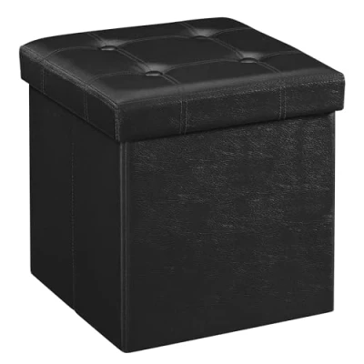 Obrázek SONGMICS stolička 38 cm, úložný box skládací, s víkem, z umělé kůže, nosnost až 300 kg, pro vchod, obývací pokoj, ložnici, inkoustově černý LSF30B