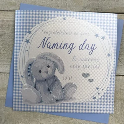 Obrázek WHITE COTTON CARDS blau Bestickt Bunny Congratulations on Your Naming Day handgefertigt Namensgebung Tag Karte