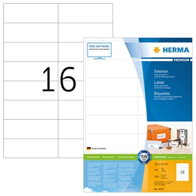 Obrázek HERMA 4620 adresních štítků, 200 listů, 105 x 37 mm, 16 na arch A4, 3200 kusů, samolepicí, potištěné, matné, prázdné papírové nálepky adresu, bílé
