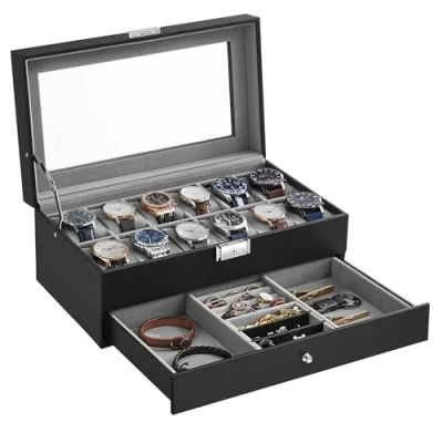 Obrázek SONGMICS Box na hodinky, kufr skleněná poklice, 2patrová krabička, 12 hodinek, uzamykatelná, 1 zásuvka, prsteny, náramky, černá povrchová úprava a šedá podšívka JWB012G01
