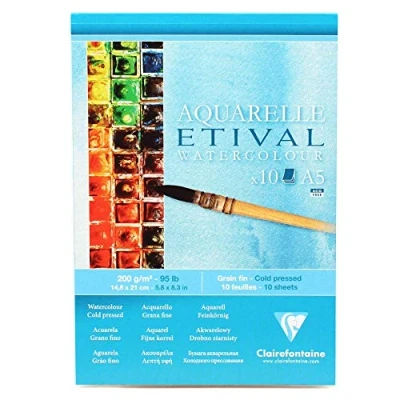 Obrázek Clairefontaine 96301C Etival Matt Aquarellpapier Block (kopfseitig geleimt, 10 Blatt, DIN A5, 14,8 x 21 cm, feinkörnig, 100% Zellulose, 200 g) weiß