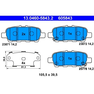 Obrázek ATE Originální brzdové destičky sada obložení pro kotoučové brzdy 13. 0460 5843. 2 ECE R90 homologace silnici, šedá
