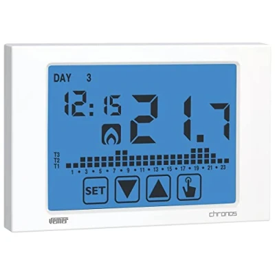 Obrázek VEMER VE451100 Chronos digitální termostat na topení, pokojový s dotykovým displejem LCD displejem, napájení bateriemi, bílý
