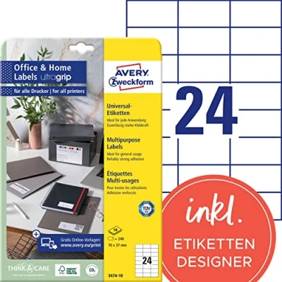 Obrázek AVERY Zweckform 3474 10 samolepek na adresu (240 lepicích etiket, 70 x 37 mm A4, tisknutelné štítky pro odesílatele, samolepicí adresní s ultragripem, ideální HomeOffice) listů, bílé