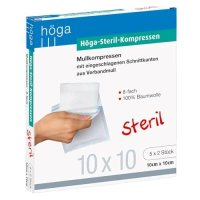 Obrázek Hoega sterilní pro komprese, písečný komprese 10 x cm 5 2 kusy, sterilní, 8 x, EN 14079 typ 17, 3er Pack.