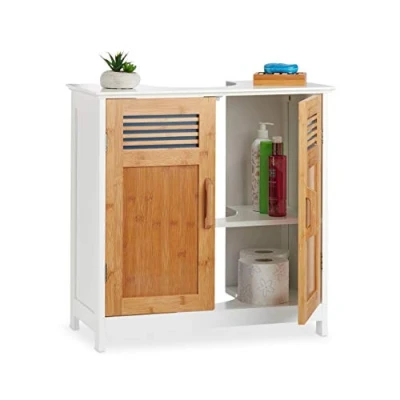 Obrázek Relaxdays Skříňka pod umyvadlo, bambusové dveře, výškově nastavitelné dno, výřez sifonu, V x Š H: 60 30 cm, přírodní/bílá