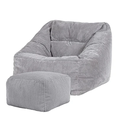 Obrázek Icon Morgan sedací vak křeslo se stoličkou pro dospělé, šedý, flaušový manšestr látka, obrovský s náplní, Bean Bag Chair, pohodlné křeslo, obývací pokoj, lounge, ložnice, kancelář