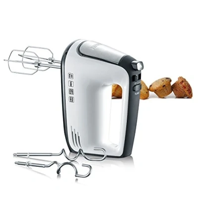 Obrázek SEVERIN Handmixer, Handrührgerät mit 5 Geschwindigkeitsstufen, praktischer Handrührer 2 Edelstahl Rührbesen und Knethaken, 400 W, weiß schwarz / Edelstahl, HM 3830