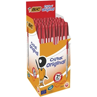 Obrázek BIC Sada kuličkových per Cristal Original, v červené, tloušťka linky 0,4 mm, balení po 50, ideální do kanceláře, domácí kanceláře nebo školy