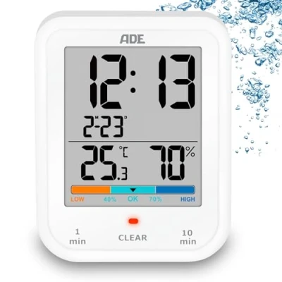Obrázek ADE Digitální koupelnové hodiny s vlhkoměrem a teploměrem vodotěsné podle IP65 sprchová minutka funkce odpočítávání velký LCD displej ukazatelem data bílá
