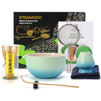 Obrázek TEANAGOO sada japonského čaje (7 kusů) šlehací metla Matcha s nálevkou bambusová metlička (Chasen) lopatka držák na sníh N31, modrý přechod barev