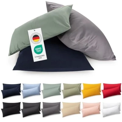 Obrázek Blumtal Kissenbezug 40x60 cm (2er Set Kissenbezüge) Beige 100% Baumwoll Jersey, Oeko Tex Zertifiziert, Kissenhülle Jersey Kopfkissenbezug für Kissen mit Reißverschluss