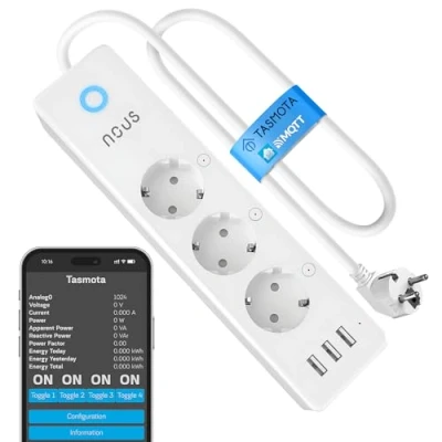 Obrázek Zásuvková lišta Tasmota s USB rozbočovačem NOUS A5T ESP8266 WLAN montáž na stěnu vícenásobná zásuvka 15A smart WiFi zástrčka elektroměrem, časovačem. ioBroker Home Assistant Alexa 2.