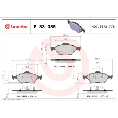 Obrázek Brembo P 83 085 sada brzdových destiček, kotoučová brzda (4dílná)