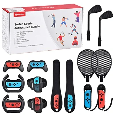 Obrázek 14 v 1 switch, sportovní příslušenství, innoAura NS Bundle volant, Joycon rukojeť, tenisová raketa, glof klub, řemínek na zápěstí, popruh nohu kompatibilní s OLED