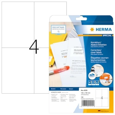 Obrázek HERMA 4229 korekční štítky neprůhledné, 25 listů, 105 x 148 mm, 4 arch A4, 100 kusů, samolepicí, potištěné, matné, prázdné papírové krycí nálepky, bílé