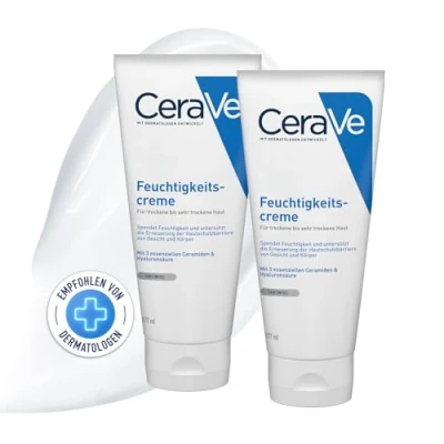 Obrázek CeraVe Hydratační krém na tělo a obličej, Dlouhotrvající vlhkost pro suchou až velmi pokožku, hedvábná textura, s hyaluronem 3 esenciálními ceramidy, 2 x 177 ml