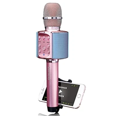 Obrázek Lenco BMC 090 mikrofon na karaoke Bluetooth V4.2 s držákem smartphone 5 wattů RMS LED světelné efekty integrovaná baterie kapacitou 1200 mAh Android a iOS růžový