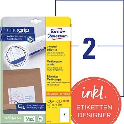 Obrázek AVERY Zweckform 6176 univerzální etikety (50 plus 10 lepicích etiket extra, 210 x 148 mm na A4, potištěné přepravní štítky, samolepicí zásilkové nálepky s ultragrip, DHL) 30 listů, bílé